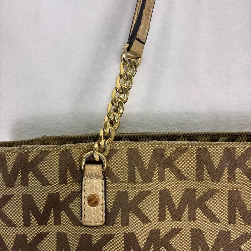 Michael Kors Brown Monogram Large Shoulder Purse with‎ Gold Straps
